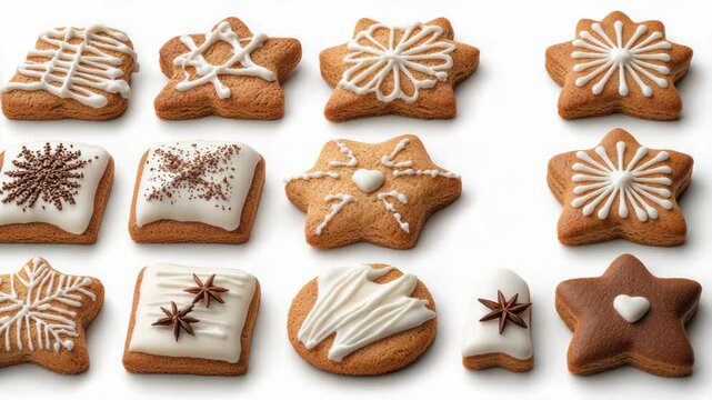 Gingerbread cookie assortment with white icing, spice decorated star and square festive display