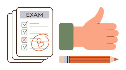 Exam paper with check marks, grade B circled in red, pencil, and thumbs-up sign. Ideal for education, evaluation, success, feedback achievement learning progress motivation. Simple flat metaphor
