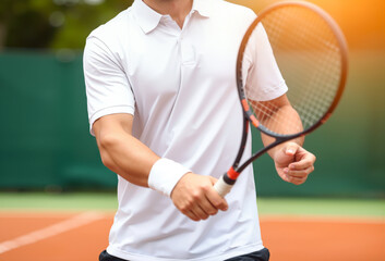 Blank white sport t-shirt on tennis player mockup, ai generated