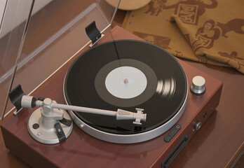 Black vinyl record playing in turntable, ai generated