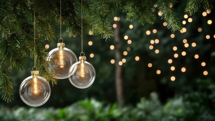 Festive glass bauble glass ornament evergreen pine branch with warm light bokeh glow creating cozy - Powered by Adobe
