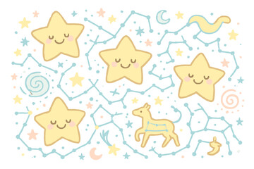 Cheerful Pastel Star Chart. A cheerful star chart with smiling "swell pattern" overlays, soft pastel doodle style, No text, No