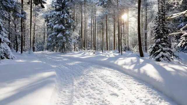 Snow forest path sunlight tree snowtrack serene winter morning glow through tall pines
