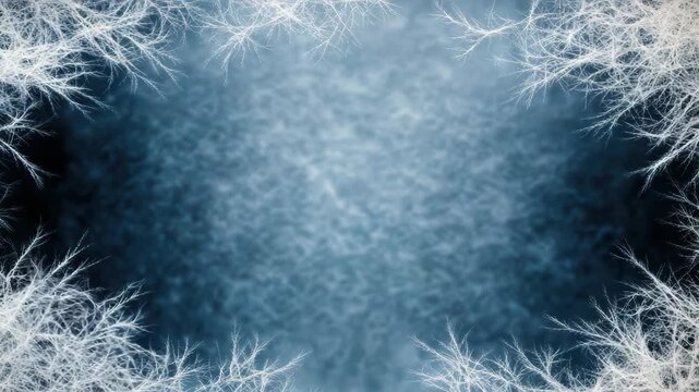 Frosty winter branch border with delicate ice and soft blue bokeh serene texture