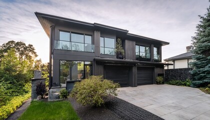 a contemporary two story townhouse with a dark gray and black color scheme featuring large windows that showcase the lush greenery outside