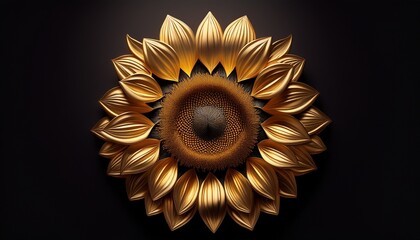 a golden outlined sunflower with detailed center on a solid black color background in a centered view
