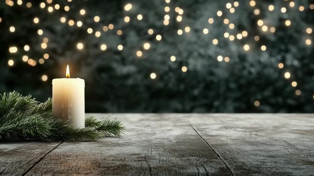 Candle pine branch bokeh string light wooden table holiday warm glow cozy peaceful scene
