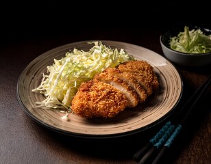 chicken katsu plated with shredded cabbage in moody lighting
