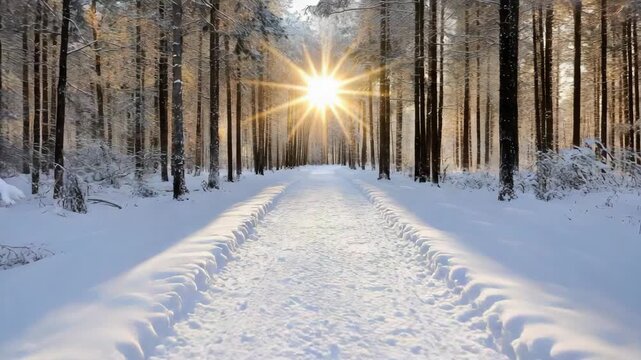 Snowy forest path sunburst sunlight through tall trees casting long serene winter shadows