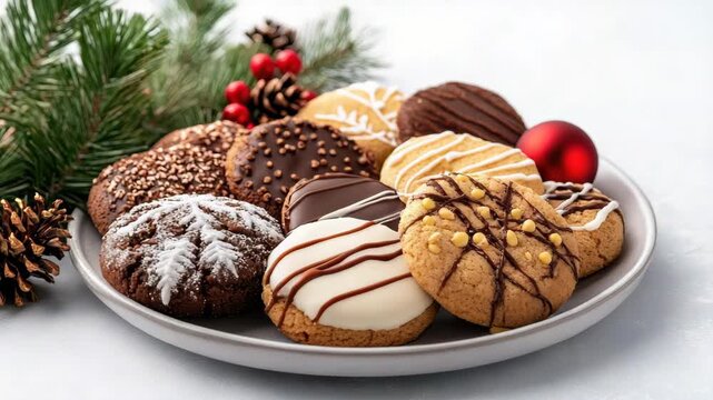 Festive cookie plate with chocolate icing drizzle, powdered sugar, pine sprig and ornaments
