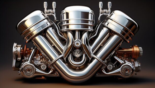 chopper motorcycle engine assembly pipes shiny chrome