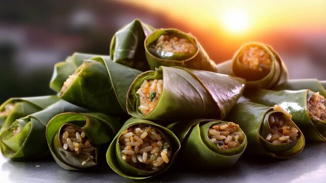 A collection of rice rolls wrapped in green leaves is displayed beautifully under the sunset. The rice rolls highlight the texture of the leaves and the golden rice filling.