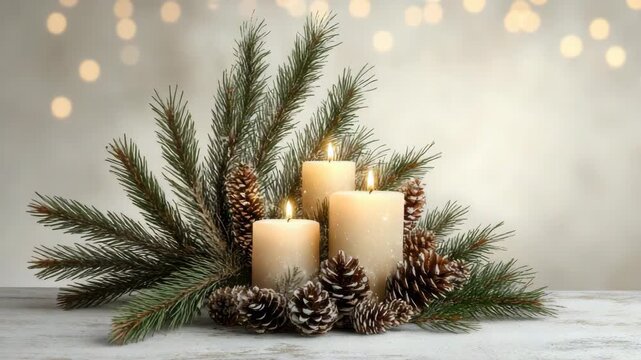 Warm candle pine and pinecone arrangement with evergreen sprigs and flame glow for cozy holiday