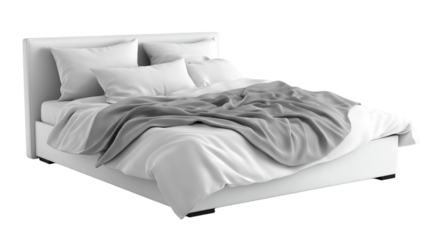 Modern White Bed with Soft Bedding and Pillows Isolated on Transparent Background, Luxury Bedroom Furniture, Realistic Minimal Interior Design Element for Home Decor, Hotel, and Real Estate Projects