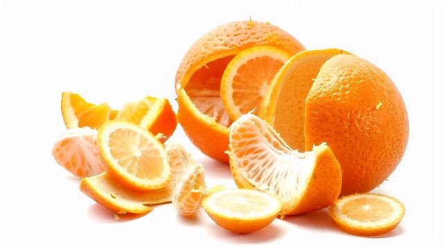 A closeup of a peeled and halved orange, revealing its juicy interior. The orange is vibrant orange with a glossy sheen, and its texture appears smooth with a slight sheen.