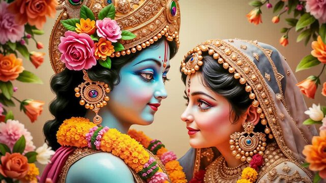 A serene, divine Janmashtami festival: Krishna and Radha in a floral frame, a spiritual celebration, Indian culture and traditional Hinduism