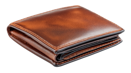 Brown leather wallet isolated on white background or transparent png, showing textured material, sleek design, compartments, and classic accessory style.