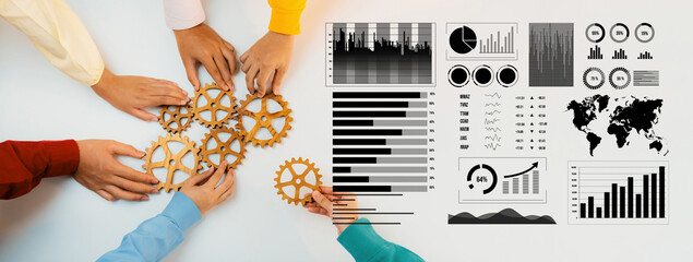 A dynamic scene showcasing teamwork with hands interacting with gears. Background features various statistics and data graphics, emphasizing collaboration in business strategy. Axiom