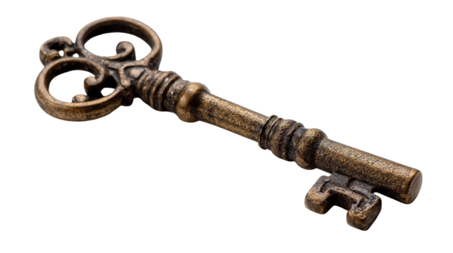 Old metal antique key isolated on white background or transparent png, showing vintage design, worn texture, and historical character. - Powered by Adobe