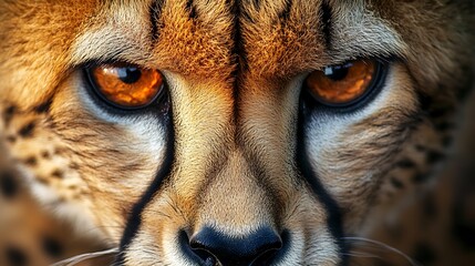 Intense close-up of a cheetah's face showcasing piercing orange eyes and tear marks