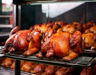 Naklejka premium rows of hot roasted skewered whole rotisserie chickens in colombia south america