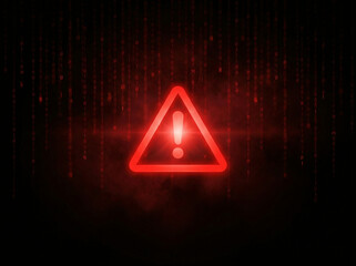 赤い警告アイコンがきらめき、デジタルコードの雨がさらさら流れるサイバー空間を表現。危機感と未来への強さや回復力を感じさせ、セキュリティ関連の広告