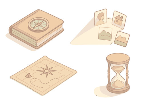 Mnemonic Explorer Icons. Isometric vector illustration set Mnemonic explorer: compass embedded in old journal, light beam
