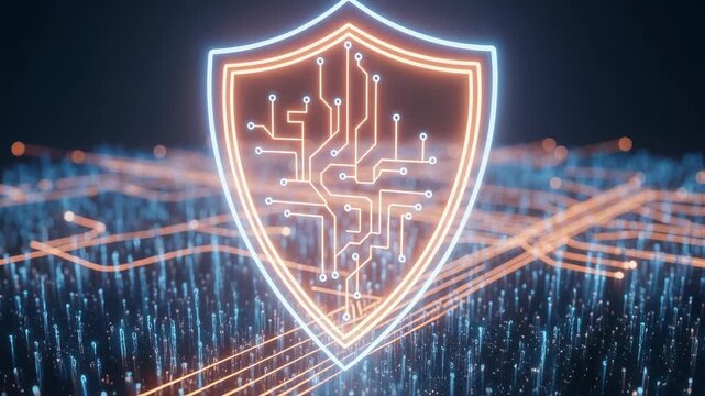 Cybersecurity concept showing an illuminated protective shield logo with internal circuit board lines hovering above a complex glowing digital network data field