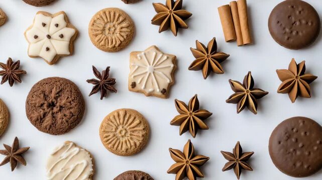 Festive cookie biscuit assortment with star anise, cinnamon spice iced cookie arrangement cozy