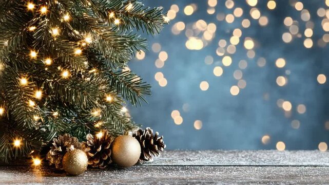 Christmas pine branch string lights gold ornament pinecone bokeh cozy festive glow with warm golden