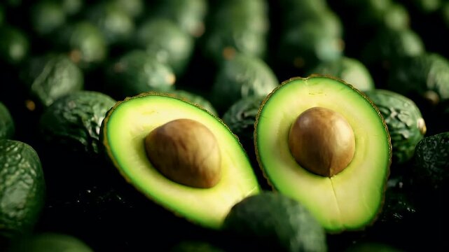 A closeup shot of halved avocados on a dark surface, with a shallow depth of field that blurs the background into a bokeh effect.