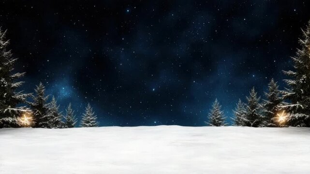 Snowy pine tree snowfield under starry sky night winter illuminated evergreen peaceful scene