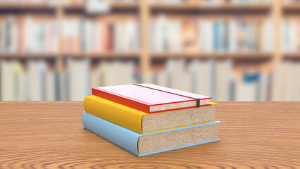 Colorful Stacked Hardcover Books on Wooden Table 3d render.