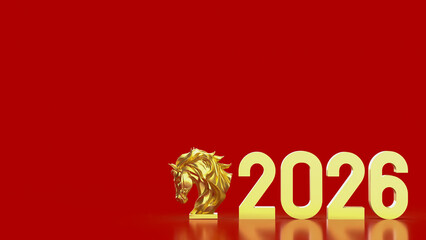 Golden Horse Head with Bold 2026 Text on Red Background 3d render