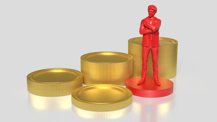 Red Business Figure Standing Among Stacked Gold Coins 3d render.