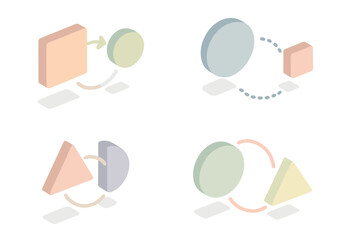 Abstract Geometry Dialogue. Isometric vector illustration set Abstract geometry dialogue: simple shapes exchanging position and