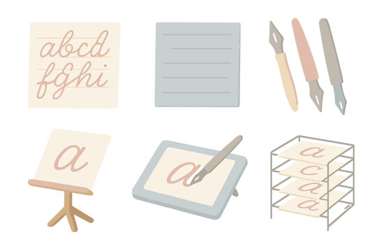 Calligraphy Workshop Tools. Isometric vector illustration set Hand lettering workshop: alphabet samples, guide lines, pen nibs,