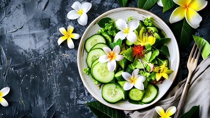 A topdown view of a bowl of fresh salad with cucumbers, flowers, and green leaves on a dark, rustic surface. The main subject is a vibrant green salad with white and yellow flowers.