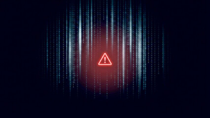 赤い警告アイコンがきらめき、デジタルコードの雨がさらさら流れるサイバー空間を表現。危機感と未来への強さや回復力を感じさせ、セキュリティ関連の広告