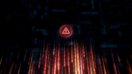 赤い警告アイコンがきらめき、デジタルコードの雨がさらさら流れるサイバー空間を表現。危機感と未来への強さや回復力を感じさせ、セキュリティ関連の広告