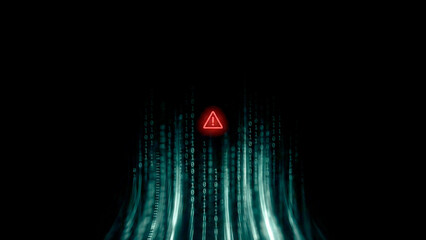 赤い警告アイコンがきらめき、デジタルコードの雨がさらさら流れるサイバー空間を表現。危機感と未来への強さや回復力を感じさせ、セキュリティ関連の広告