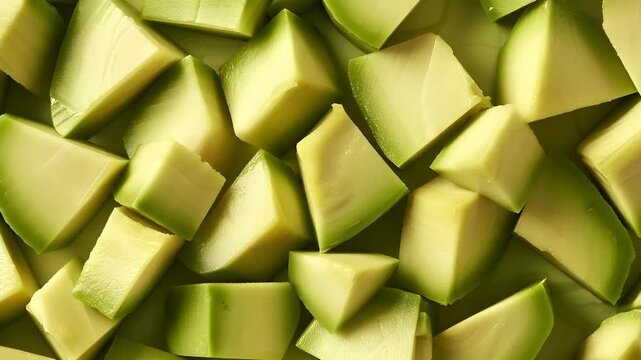 A closeup view of diced avocado, showcasing its vibrant green hue and smooth texture. The slices are arranged in a seemingly random pattern, with some overlapping others.
