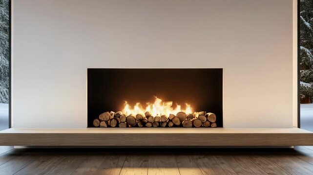 Cozy modern fireplace with stacked wood, burning logs and warm flame cozy modern living room snowy
