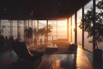 Modern living room with sunset view from large windows, featuring plants and cozy seating
