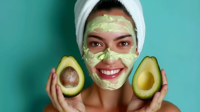 woman with avocado mask and halved avocados.