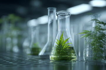 Laboratory scene showing cannabis plant in glass flask surrounded by test tubes and greenery at a research facility
