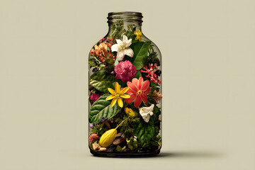 Colorful flowers and leaves arranged in a glass bottle creating a beautiful botanical display