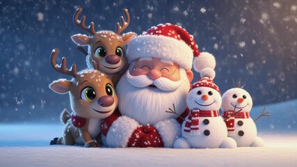 Adorable cartoon Santa Claus sitting happily with two cute reindeer and two small snowmen surrounded by falling snow on a cold winter night Christmas cheer