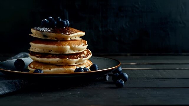 A closeup shot of a stack of pancakes with syrup and blueberries on a plate. The pancakes are golden brown with specks of blueberries and syrup drizzled on top.