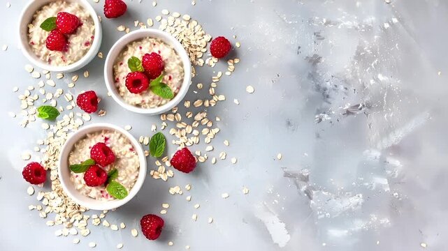 A topdown view of a bowl of oatmeal topped with raspberries and mint leaves. The bowl is white, and the oatmeal has a light brown hue. The oatmeal is speckled with oats, nuts, and seeds.